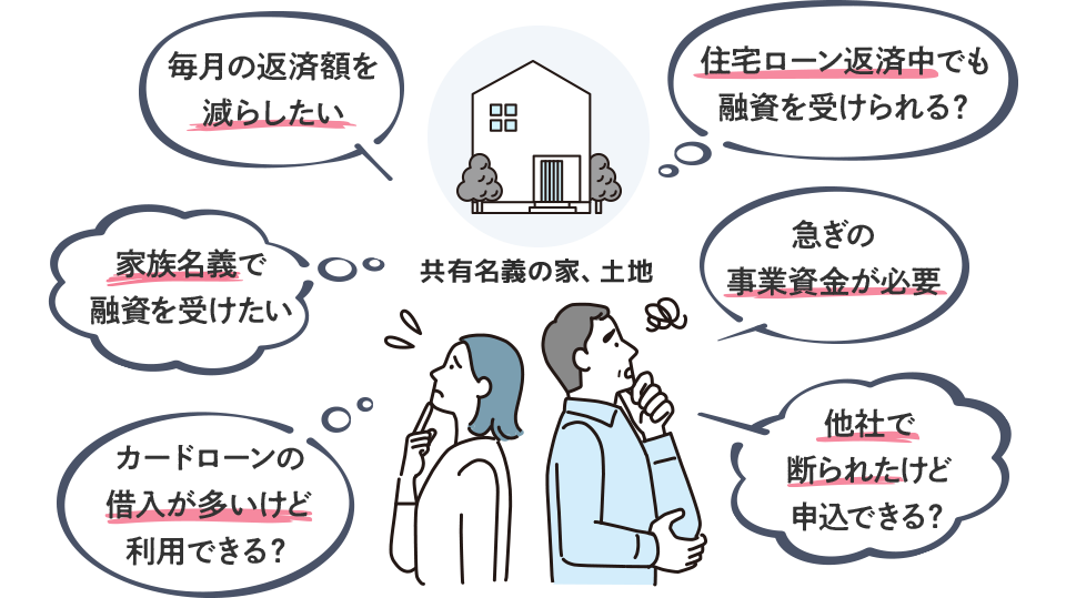 毎月の返済額を減らしたい/住宅ローン返済中でも融資を受けられる？/家族名義で融資を受けたい/急ぎの事業資金が必要/カードローンの借入が多いけど利用できる？/他社で断られたけど申込できる？